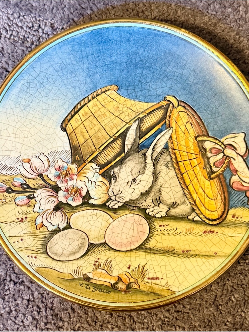 Vintage Bunny & Eggs Decorative Plate in Blue and Yellow